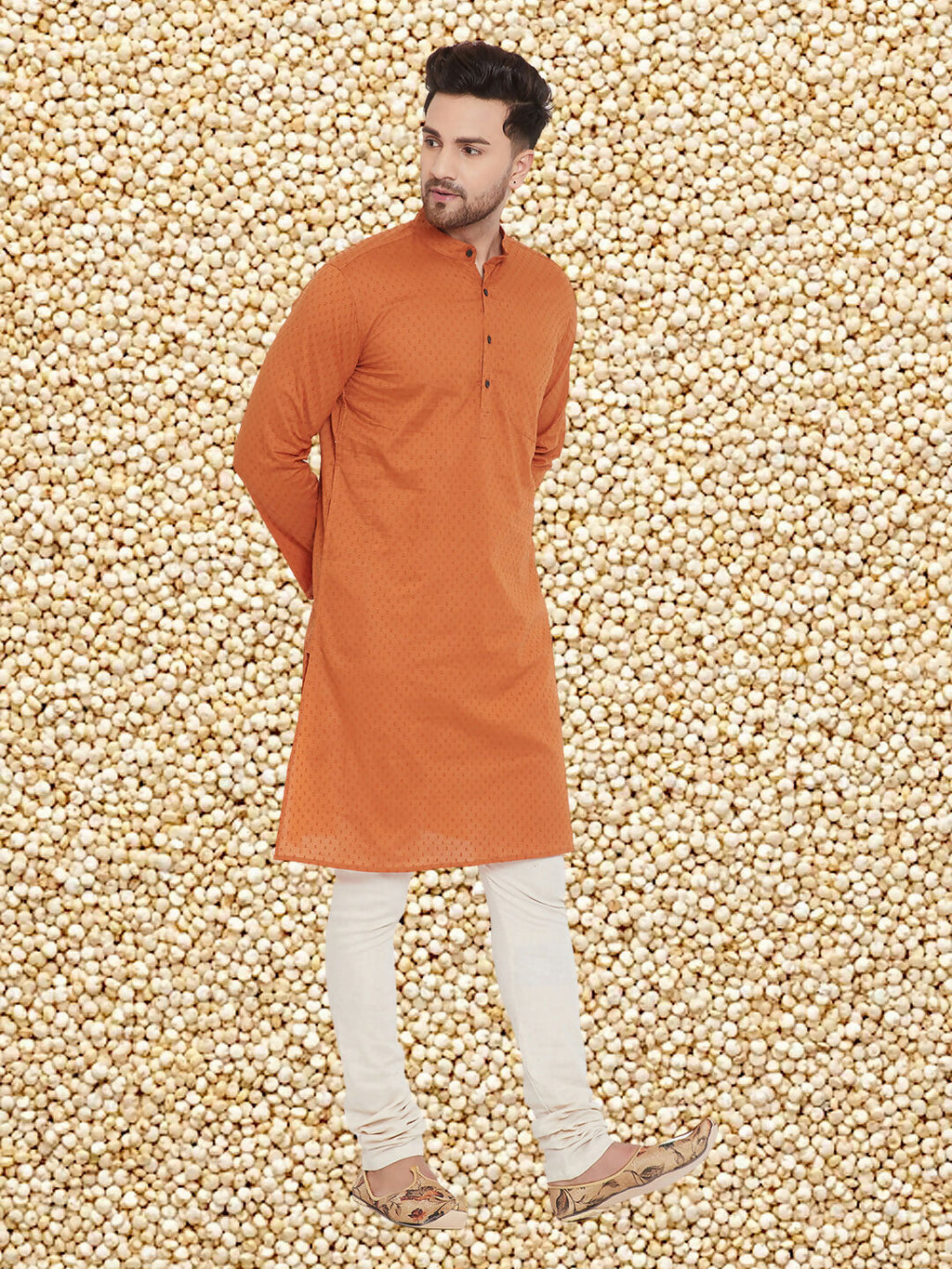 Even Apparels Men's Orange Emboided Cotton Kurta | Grocsy