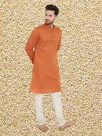 Even Apparels Men's Orange Emboided Cotton Kurta | Grocsy
