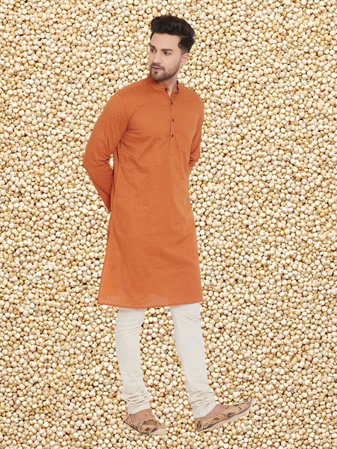 Even Apparels Men's Orange Emboided Cotton Kurta | Grocsy