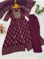 Teeya Creation Women's Premium Wine Color Fully Stitched Anarkali Kurta With Pant And Dupatta Set | Grocsy