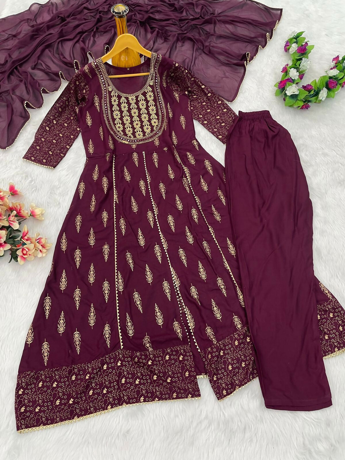 Teeya Creation Women's Premium Wine Color Fully Stitched Anarkali Kurta With Pant And Dupatta Set | Grocsy