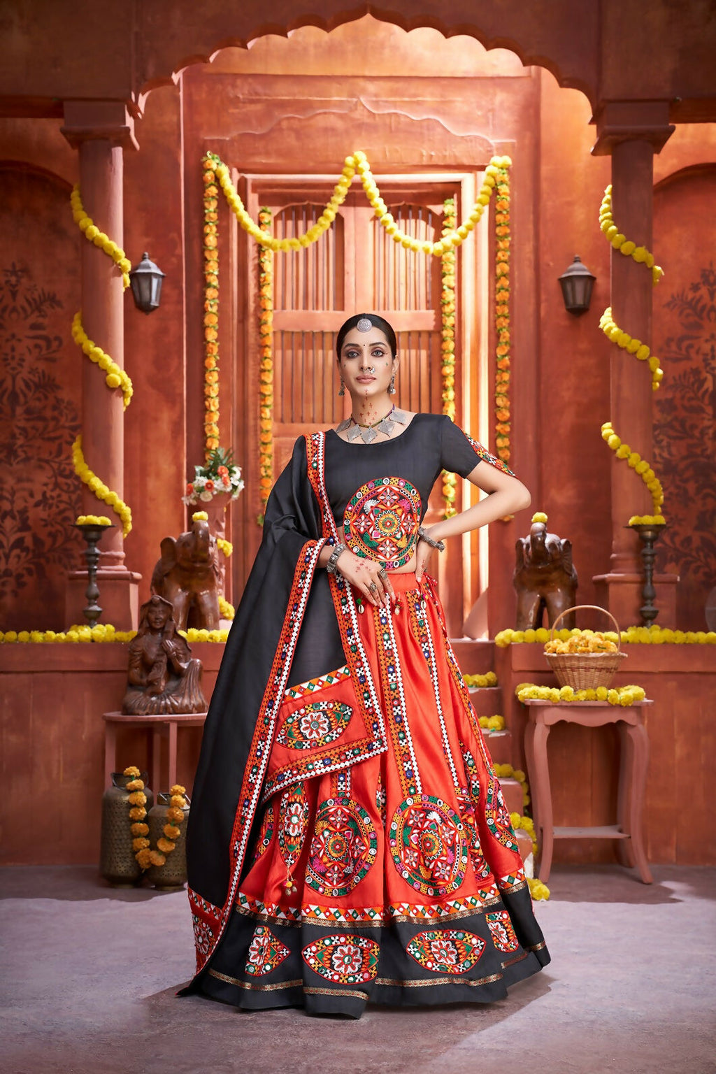 AI Fashion Red Art Silk Designer Navratri Lehenga Choli Collection | Grocsy
