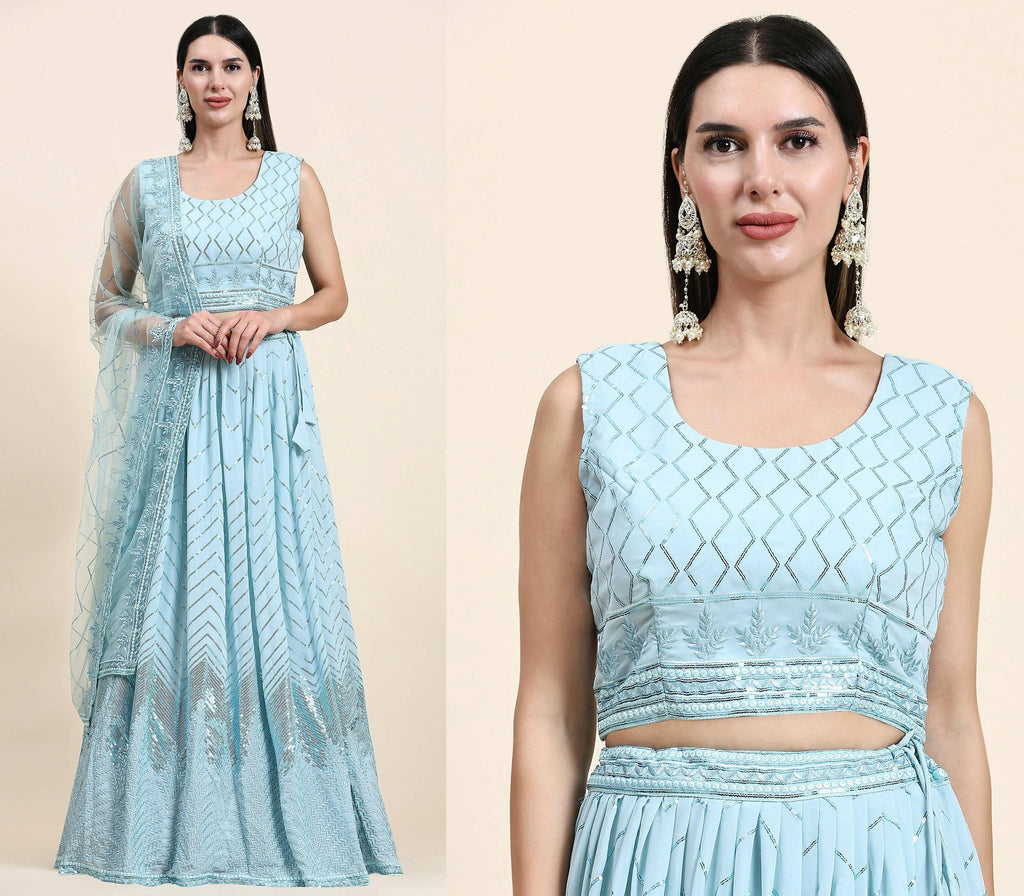 Blue Pure Viscose Georgette Sequence Embroidery work Lehenga Choli with Dupatta - Aakriti | Grocsy