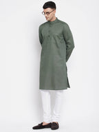 Even Apparels Green Color Linen Men's Kurta With Band Collar | Grocsy