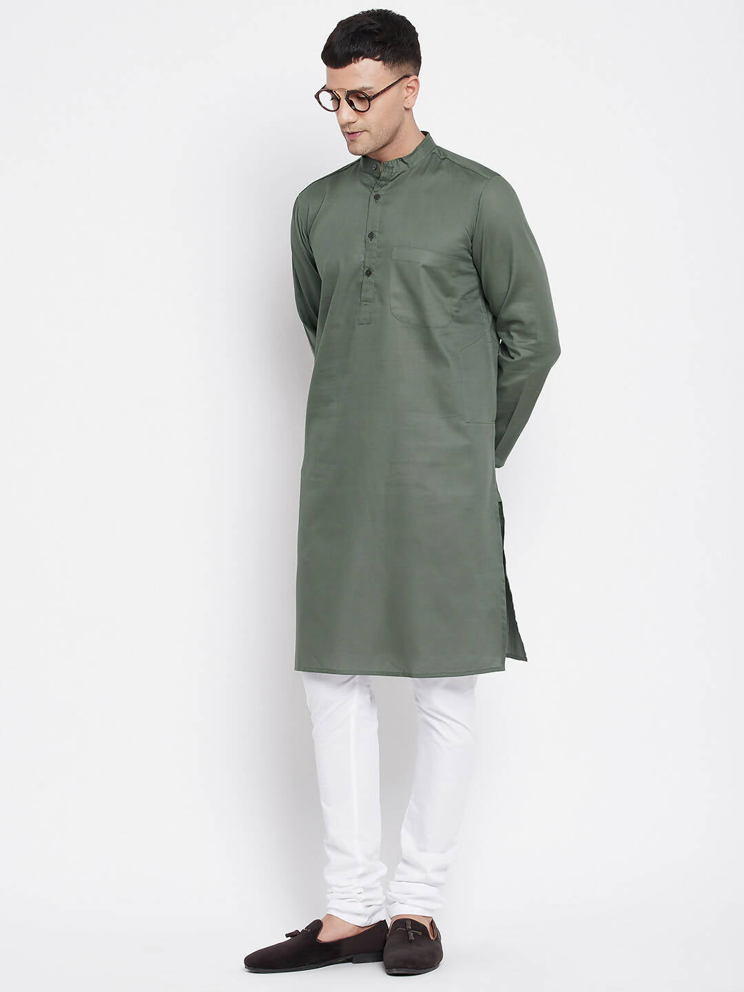 Even Apparels Green Color Linen Men's Kurta With Band Collar | Grocsy