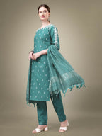 Jyoti Fashion Women's Teal Cotton Blend Embroidery & Sequence work Kurta with Trouser & Dupatta | Grocsy