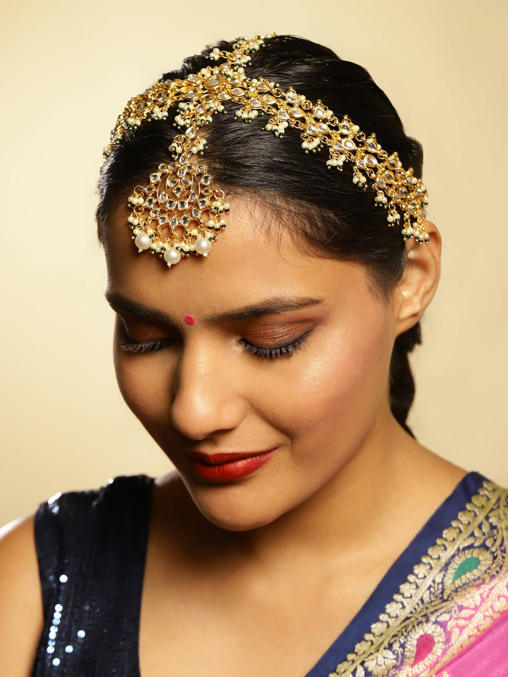 Gold-Polished White Green Kundan-Studded Pearl Beaded Matha Patti - Ruby Raang | Grocsy
