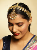 Gold-Polished White Green Kundan-Studded Pearl Beaded Matha Patti - Ruby Raang | Grocsy