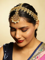 Gold-Polished White Green Kundan-Studded Pearl Beaded Matha Patti - Ruby Raang | Grocsy