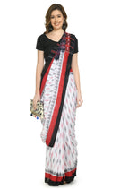 Vamika Sambalpuri Ikat Cotton Dehabandha White, Red & Black Saree | Grocsy