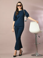 Myshka Women's Blue Solid Boat Neck Party Top | Grocsy