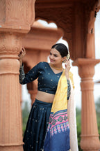 Vastranavya Navaratri Collection Myra Silk Lehenga & Blouse With Maslin Crochet Printed Dupatta Set - Turquoise | Grocsy