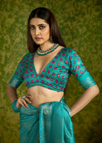 Joban Fashion Sea Green Velvet Tussar Silk with Foil Print Saree | Grocsy