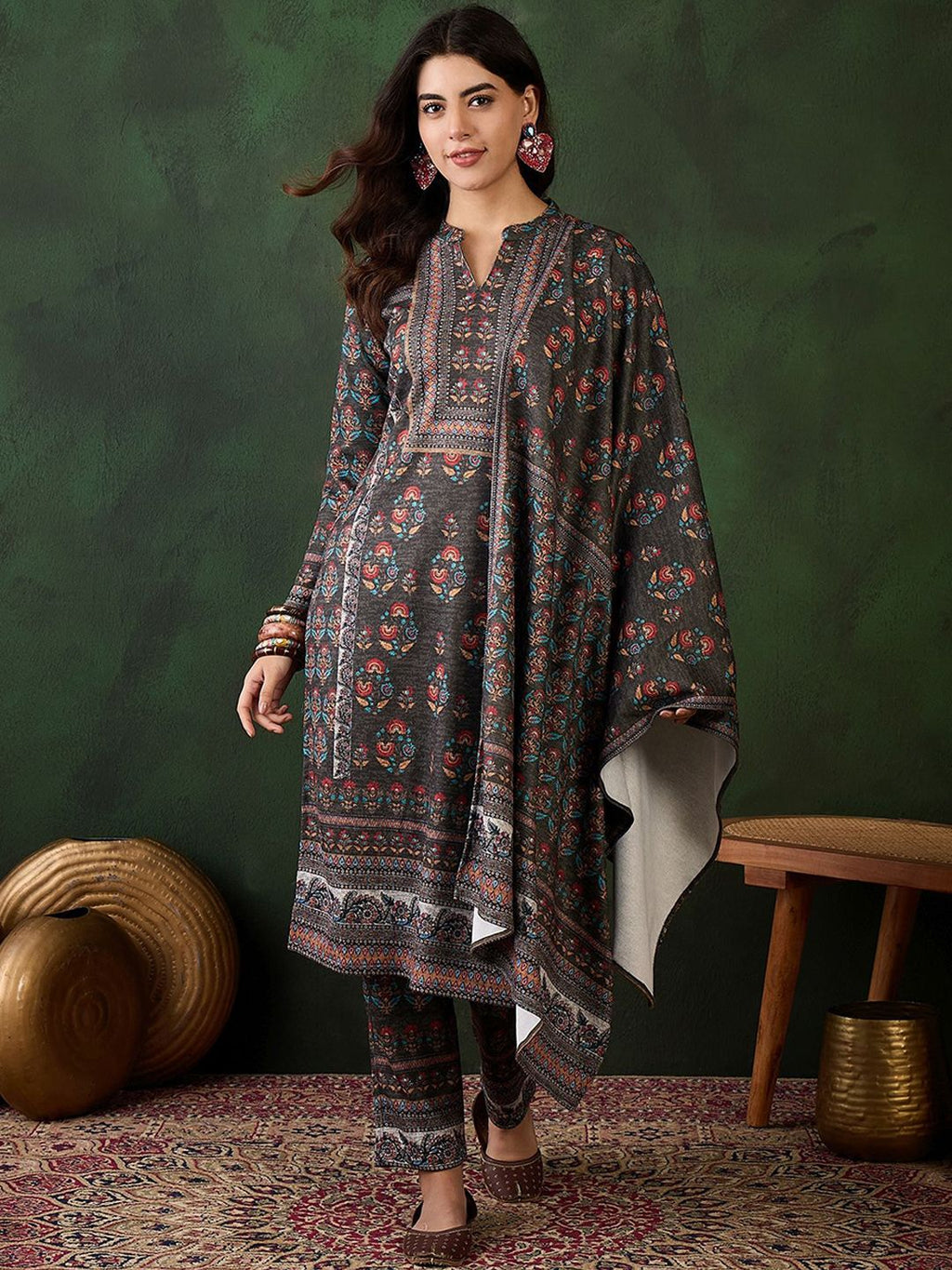 Sangria Self Design Winter Pashmina Straight Kurta & Trouser With Dupatta | Grocsy
