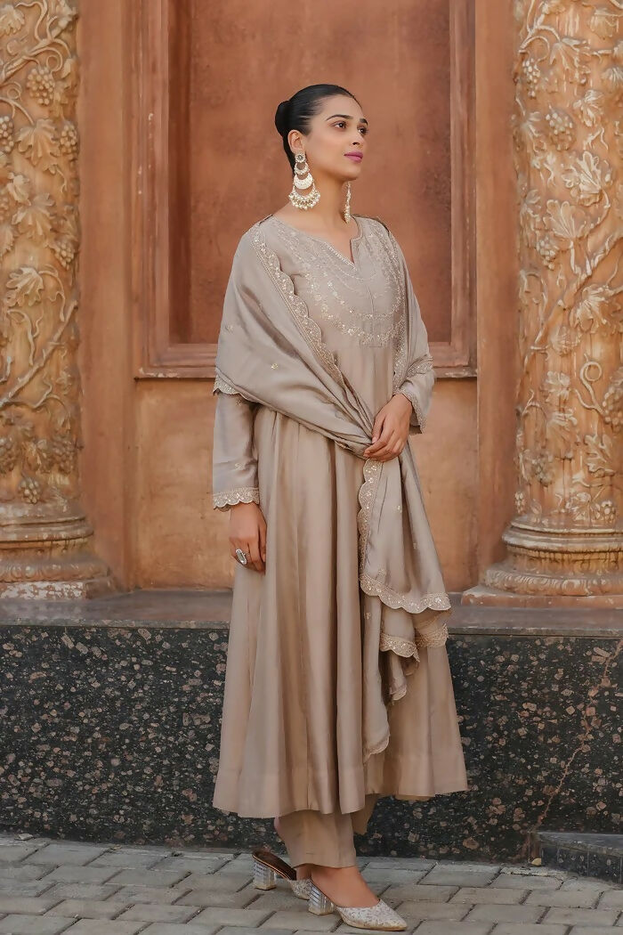 The52 Brown Women's Gorgeous Vichitra Silk Fabric Embroidered Work Flared Anarkali Pant and Dupatta Set | Grocsy