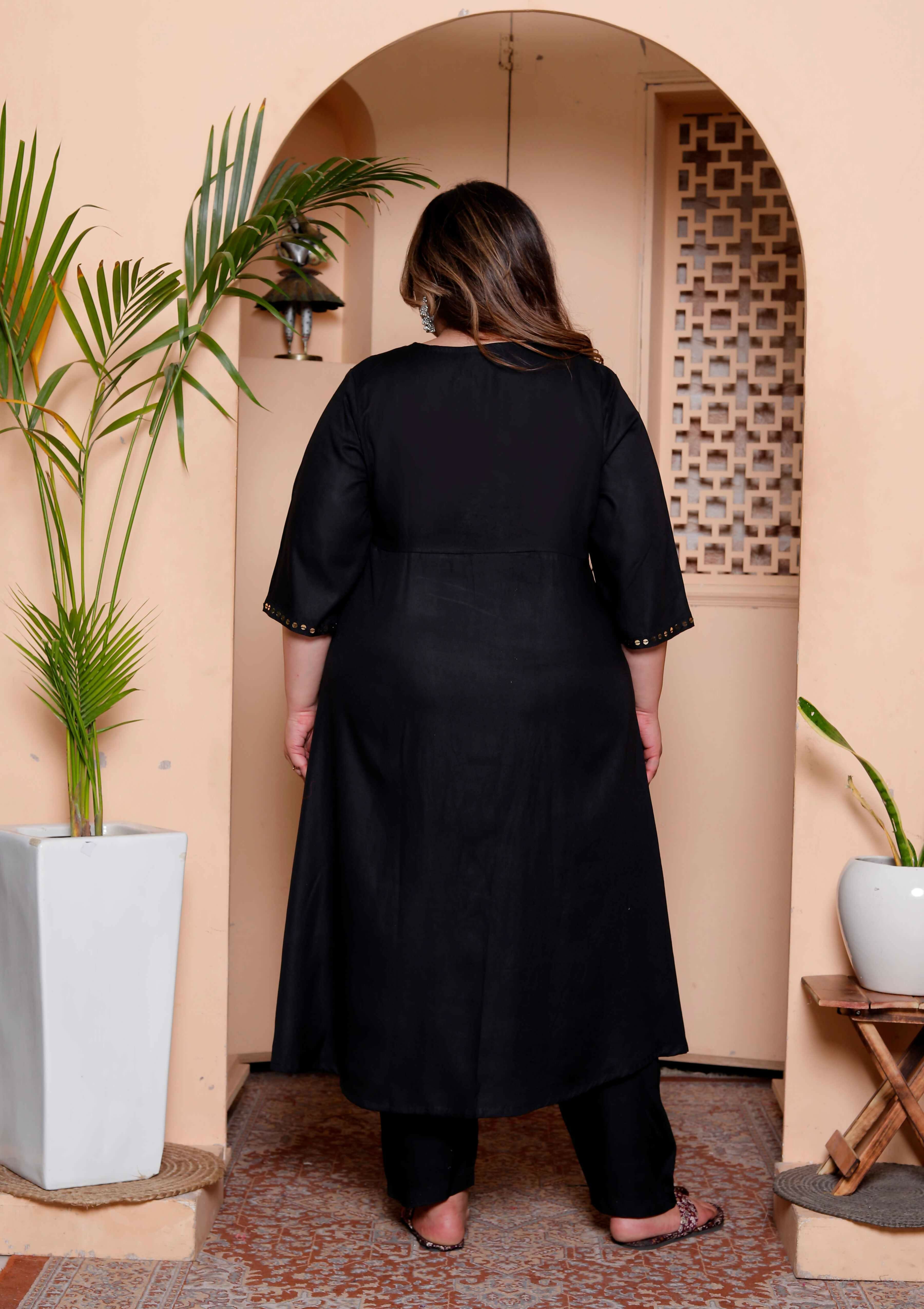 Miravan Womens Plus Size Black Mirror work Angrakha Kurta and Palazzo Set | Grocsy