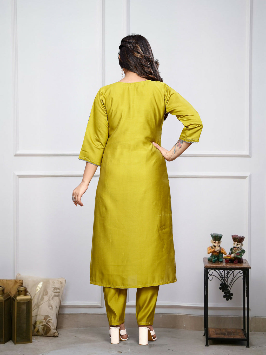The52 Lemon Beautiful Embroidered Viscose Chanderi Fabric Straight Kurta Pant with Dupatta Set | Grocsy