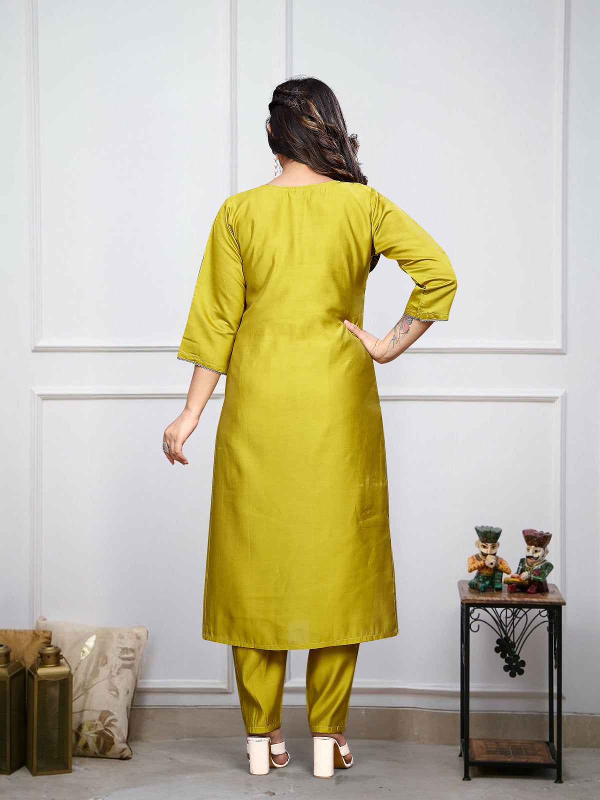 The52 Lemon Beautiful Embroidered Viscose Chanderi Fabric Straight Kurta Pant with Dupatta Set | Grocsy