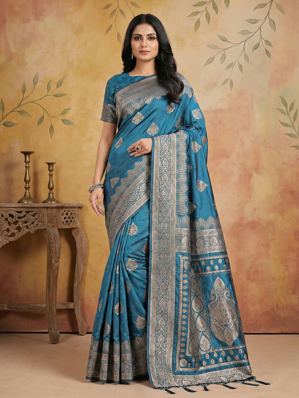 Shree Shyam Fashion Teal Silk Blend Saree | Grocsy