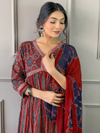 Partywear Designer Cotton Maroon Stitched Suit With Dupatta - Tanisha | Grocsy