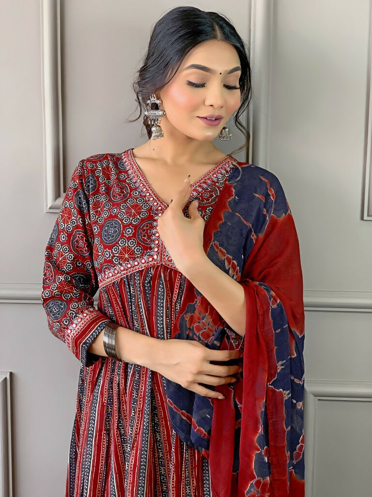 Partywear Designer Cotton Maroon Stitched Suit With Dupatta - Tanisha | Grocsy
