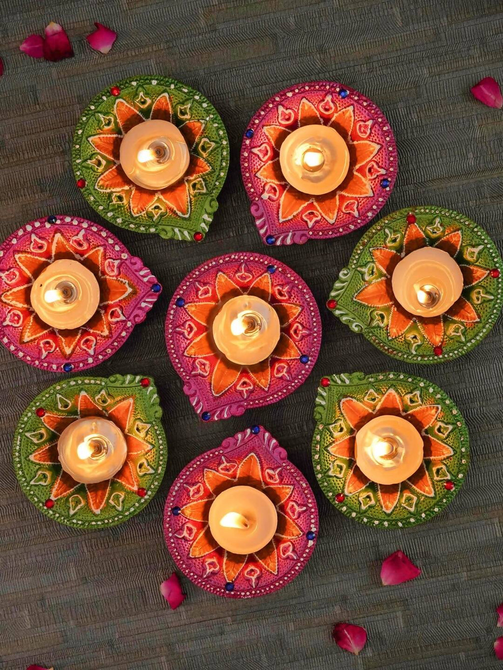 Tied Ribbons Green & Pink Set of 8 Terracotta Clay Diwali Diyas | Grocsy