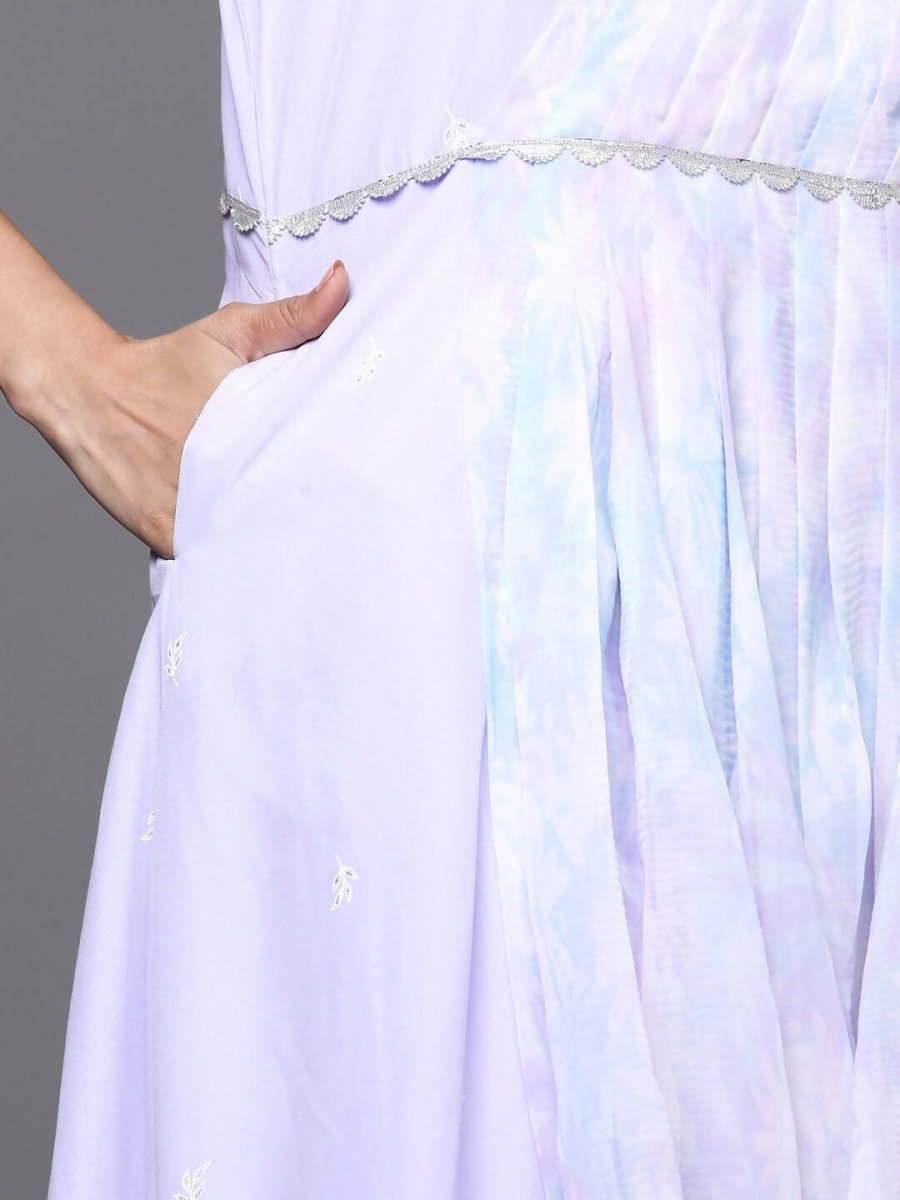 Ahalyaa Blue & White Floral Print Ethnic Maxi Dress with Attached Dupatta | Grocsy