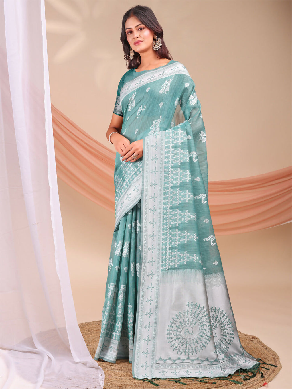 Shree Shyam Fashion Varnika Sea Green Linen Cotton Saree | Grocsy