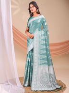 Shree Shyam Fashion Varnika Sea Green Linen Cotton Saree | Grocsy