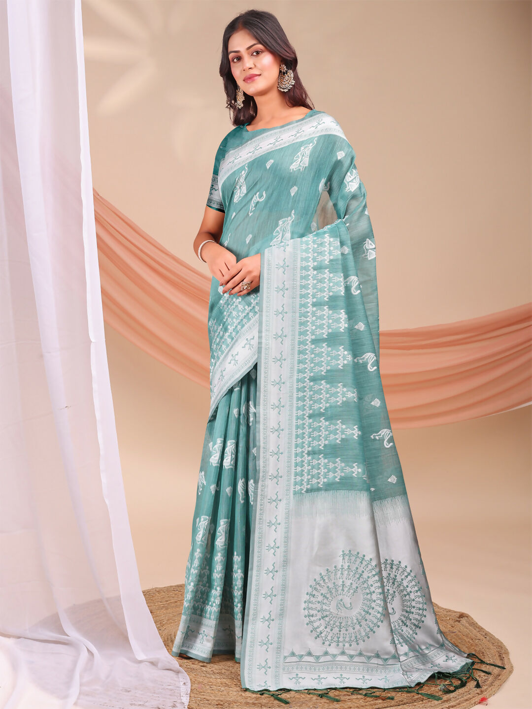 Shree Shyam Fashion Varnika Sea Green Linen Cotton Saree | Grocsy