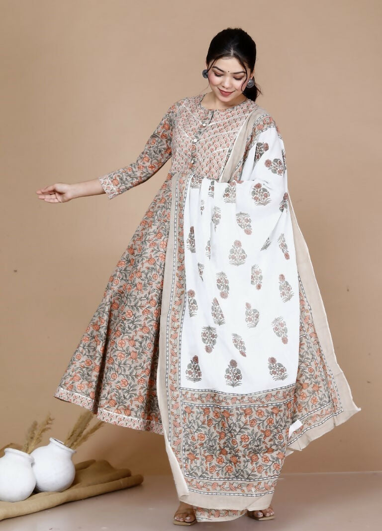 Miravan Women's Partywear Brown Floral Printed Gota Work Long Anarkali With Dupatta Set | Grocsy