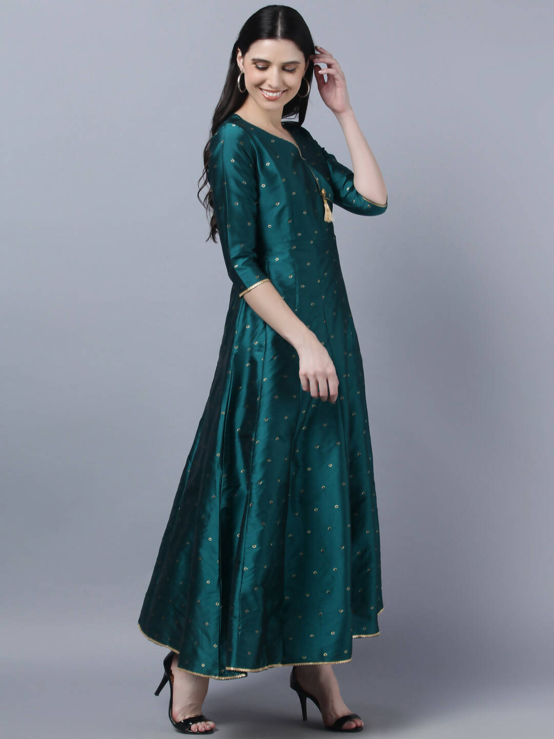 Myshka Green Red Ethnic Motifs Ethnic Anarkali Dress With Dupatta | Grocsy