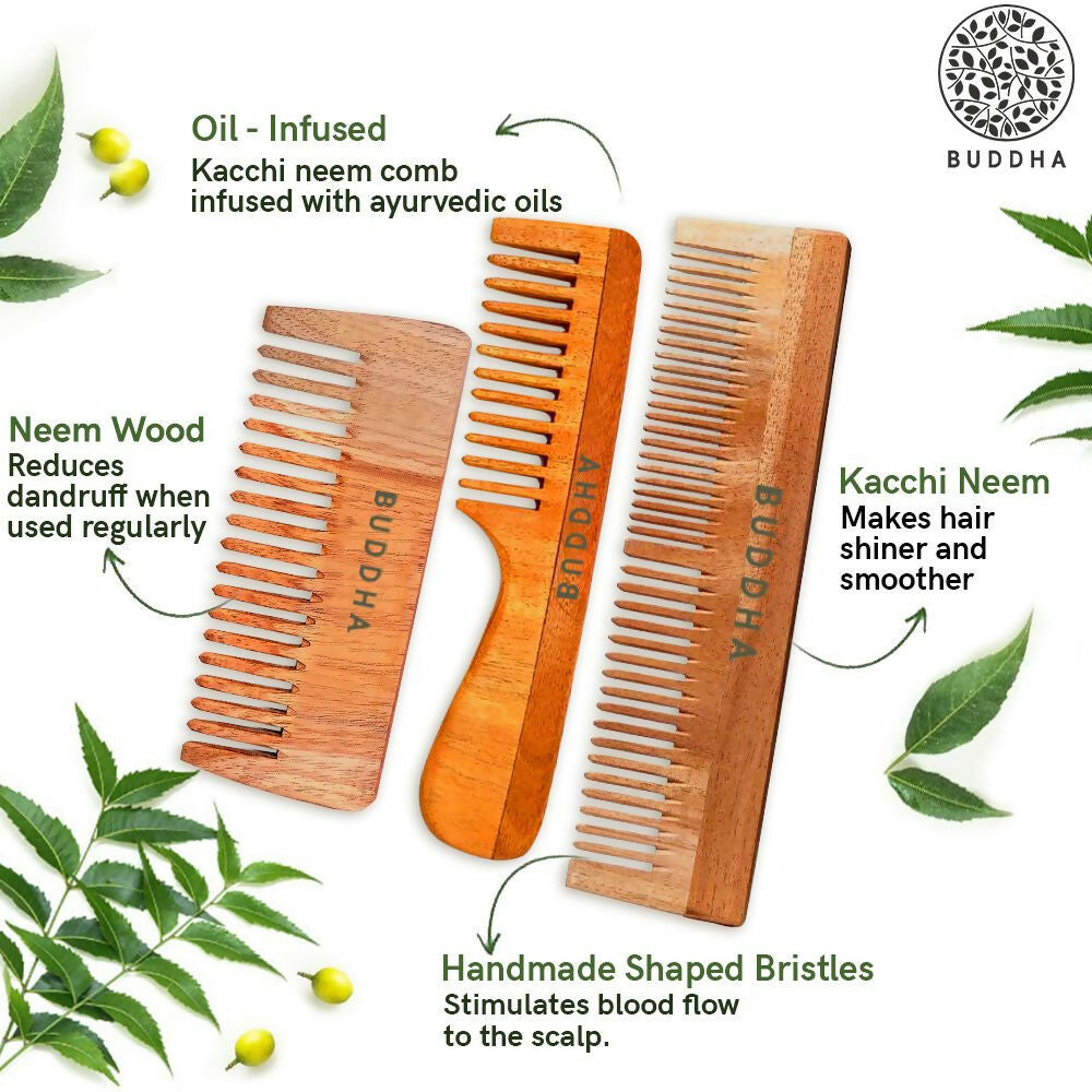 Buddha Natural Dual Tooth Kacchi Neem Wooden Comb | Grocsy