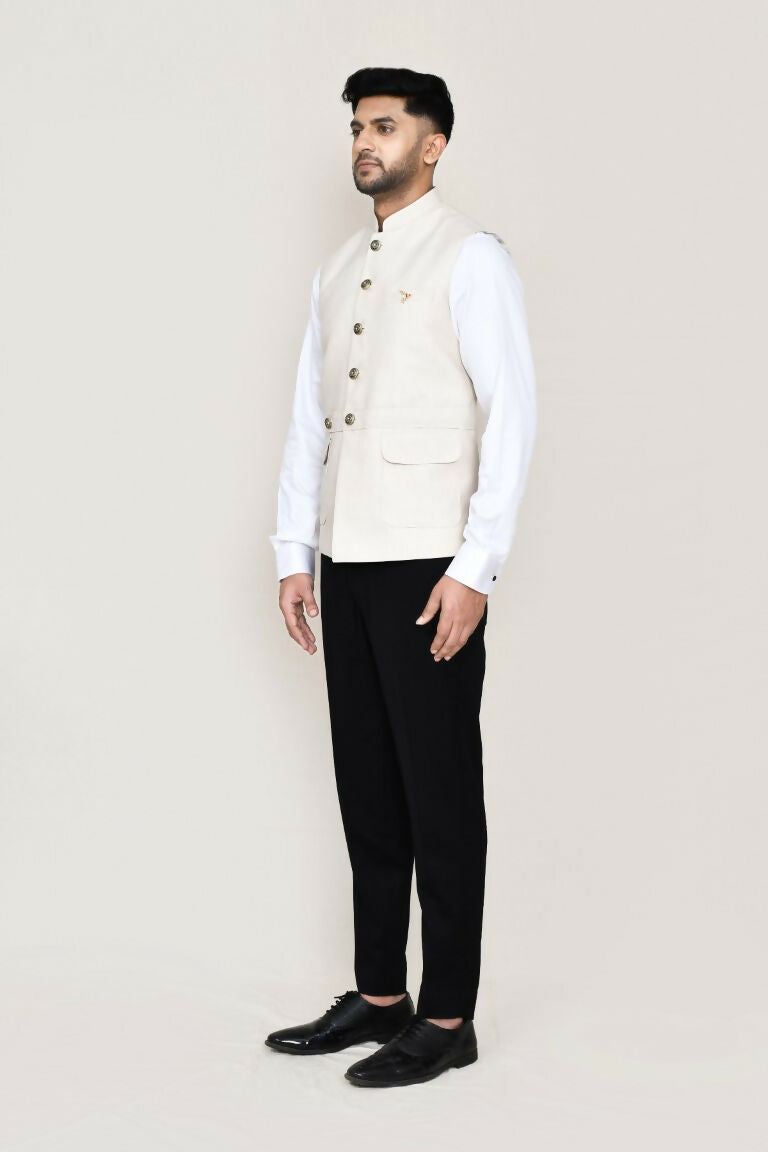 Joban Fashion Cream Colored Cotton Satin Work Men's Jacket | Grocsy