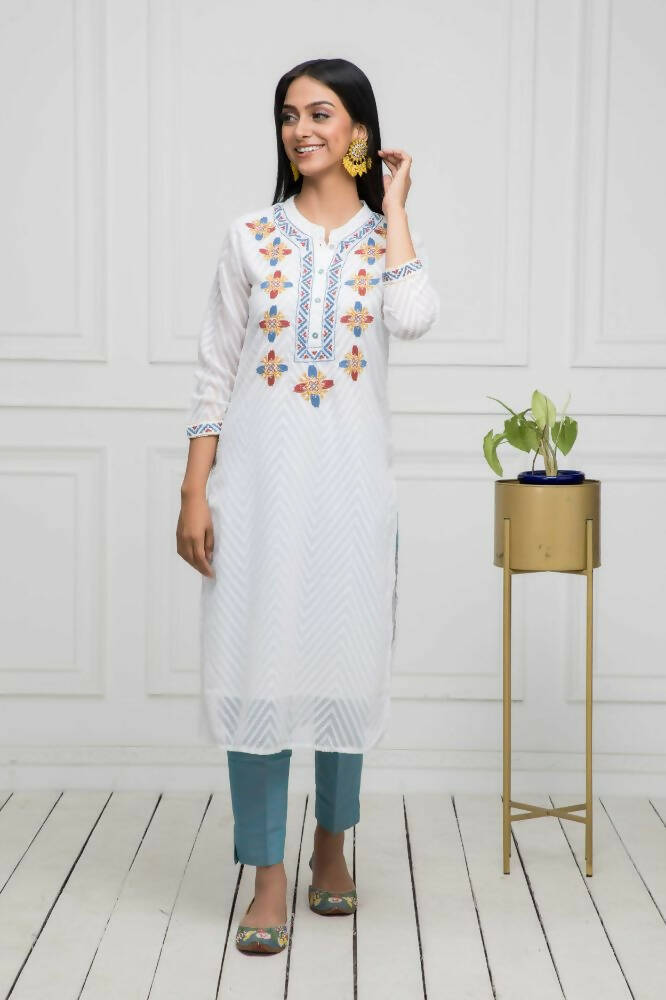Myshka Women Solid Georgette Straight V-Neck White Kurtas | Grocsy
