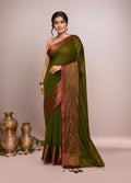 Joban Fashion Mehndi Green Cotton Blend Handloom Saree | Grocsy