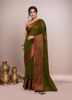 Joban Fashion Mehndi Green Cotton Blend Handloom Saree | Grocsy