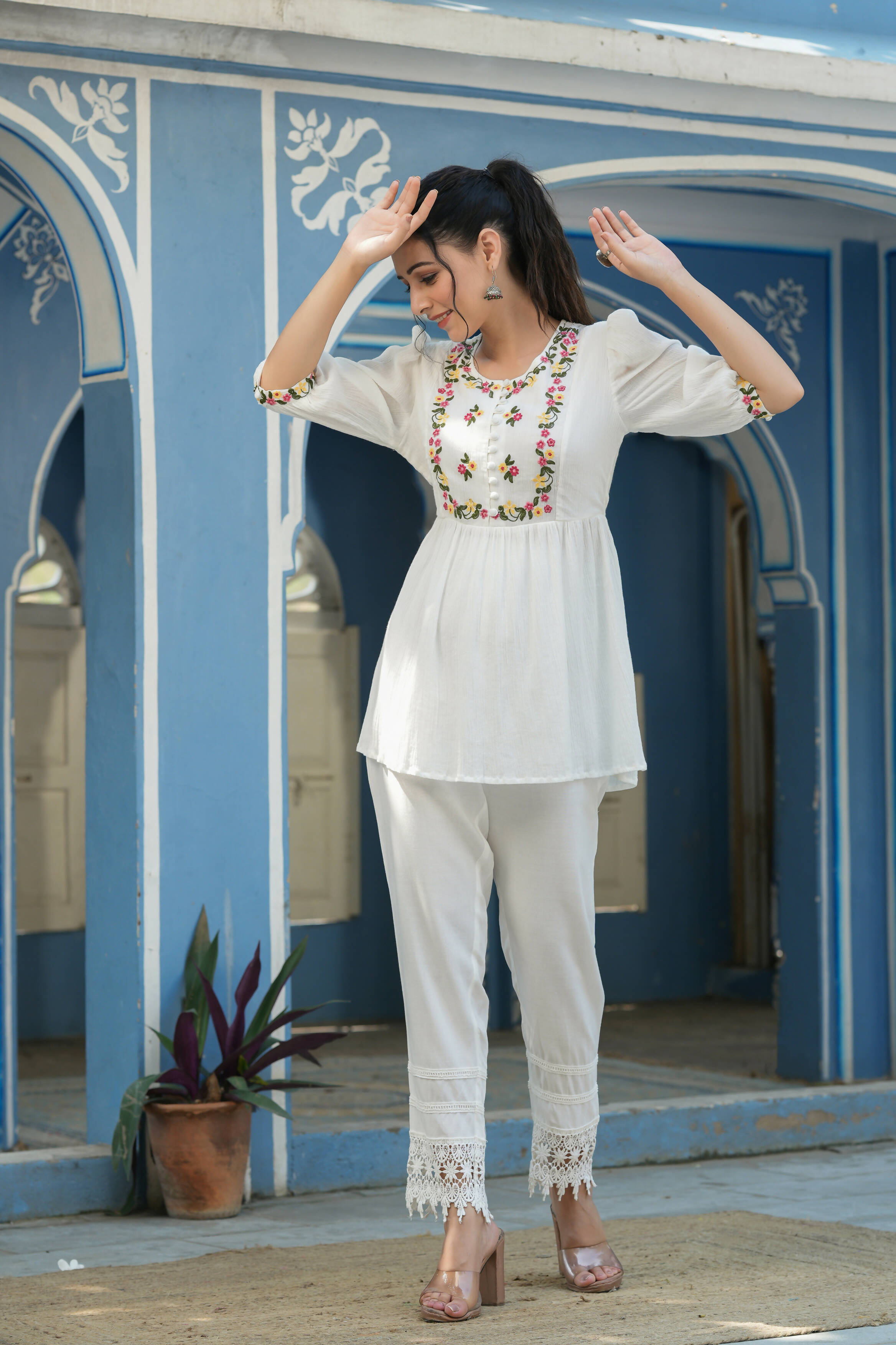 Juniper Women's White Cotton Crepe Floral Embroidered Tunic | Grocsy