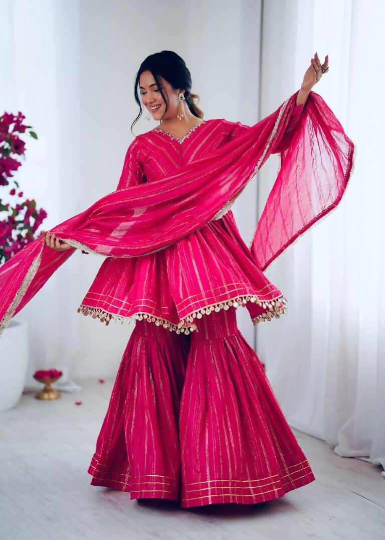 Teeya Creation Pink Color Mal Chanderi Silk Mirror Work And Hand Work Sharara set | Grocsy