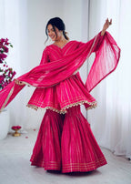 Teeya Creation Pink Color Mal Chanderi Silk Mirror Work And Hand Work Sharara set | Grocsy