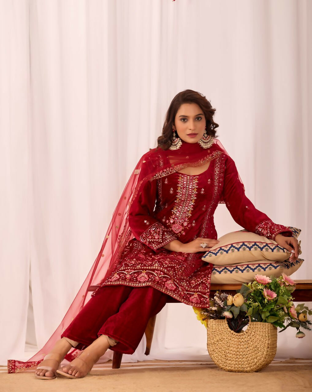 Joban Fashion Red Kurta Set Velvet Embroidery Sequence Work | Grocsy
