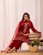 Joban Fashion Red Kurta Set Velvet Embroidery Sequence Work | Grocsy