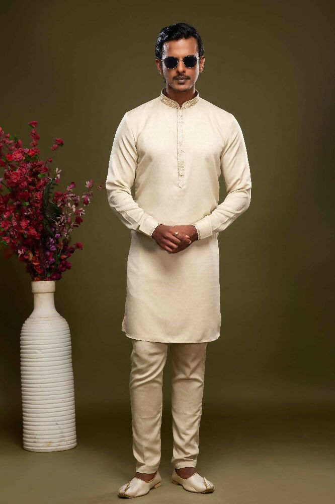 Raivat Ethnic Art Banarasi Silk Thread Work Kurta Pajama In Cream Beige Colour | Grocsy