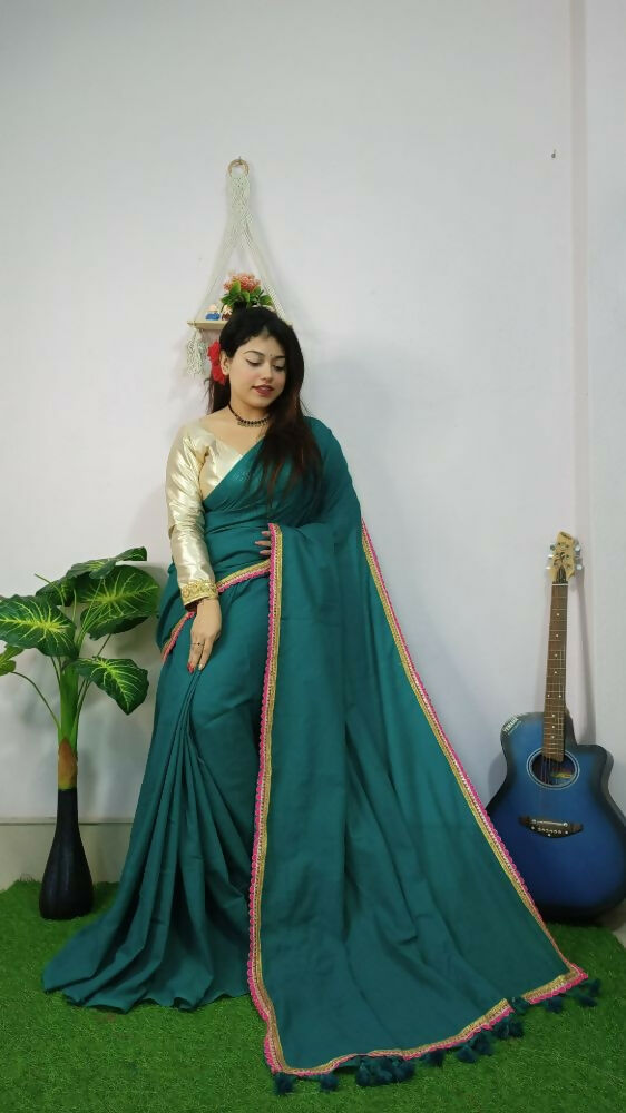 Exclusive Collection Beautiful Khadi Cotton Handloom Saree With Beautiful Zari Border - Green | Grocsy