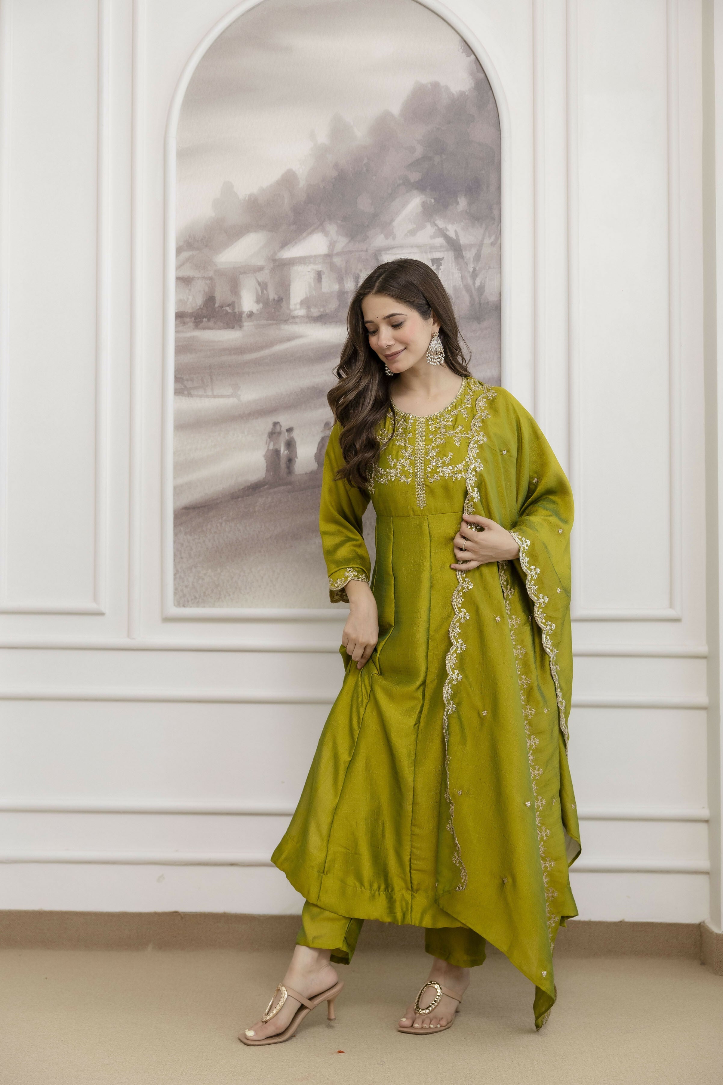 The52 Light Green Women's Beautiful Vichitra Silk Fabric Embroidered Work Flared Anarkali Pant and Dupatta Set | Grocsy