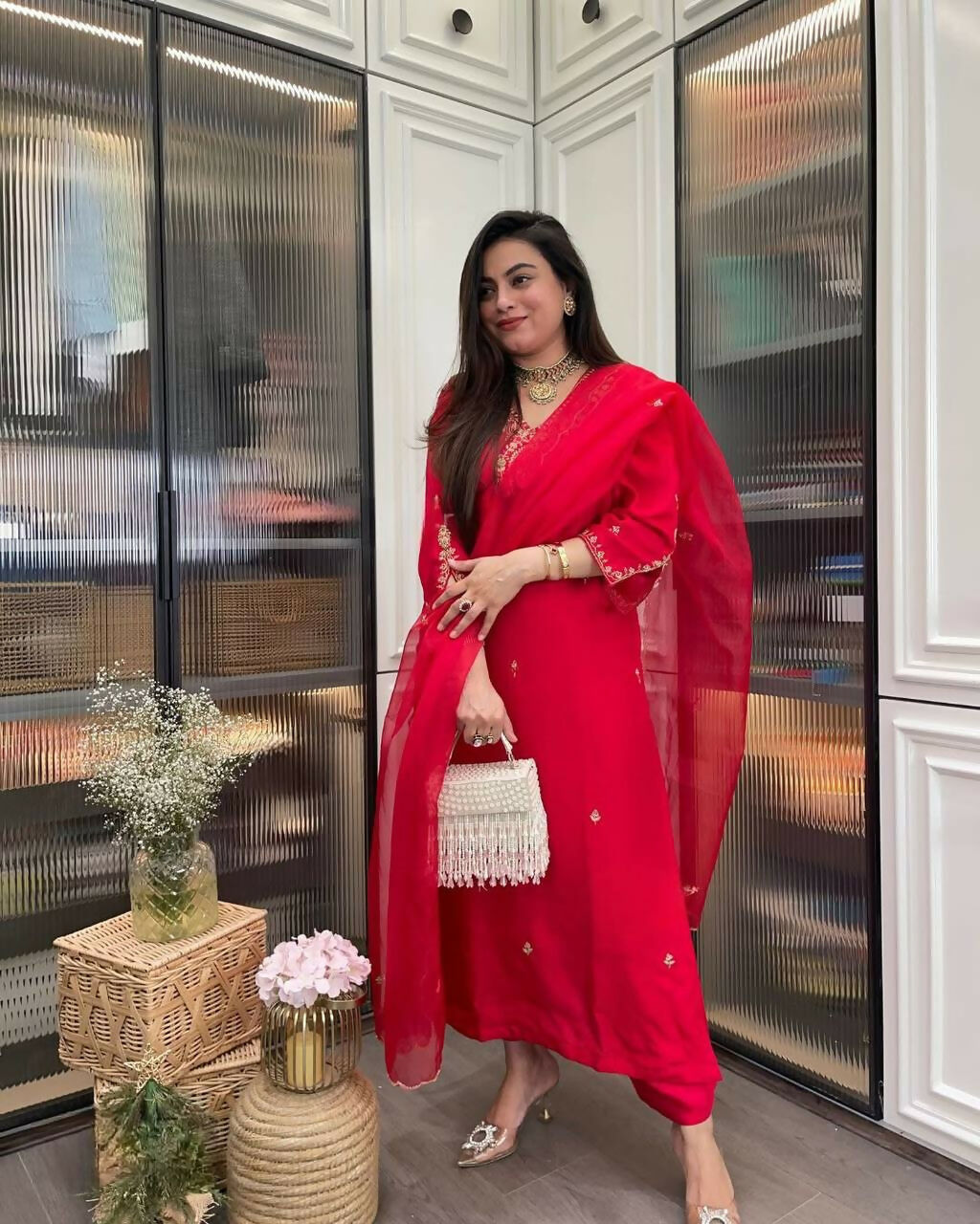 The52 Red Beautiful Embroidered Rayon Fabric Straight Kurta Pant with Dupatta Set | Grocsy