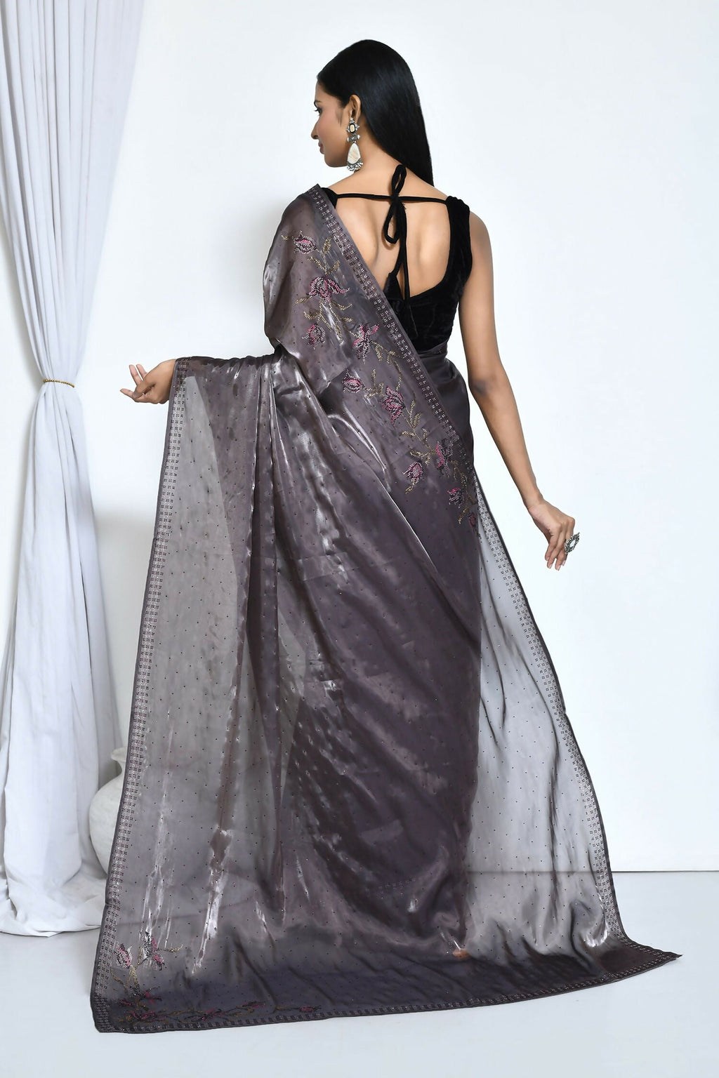 Grey Satin Silk Stone Work Festive Saree - Nimaya Denzy | Grocsy