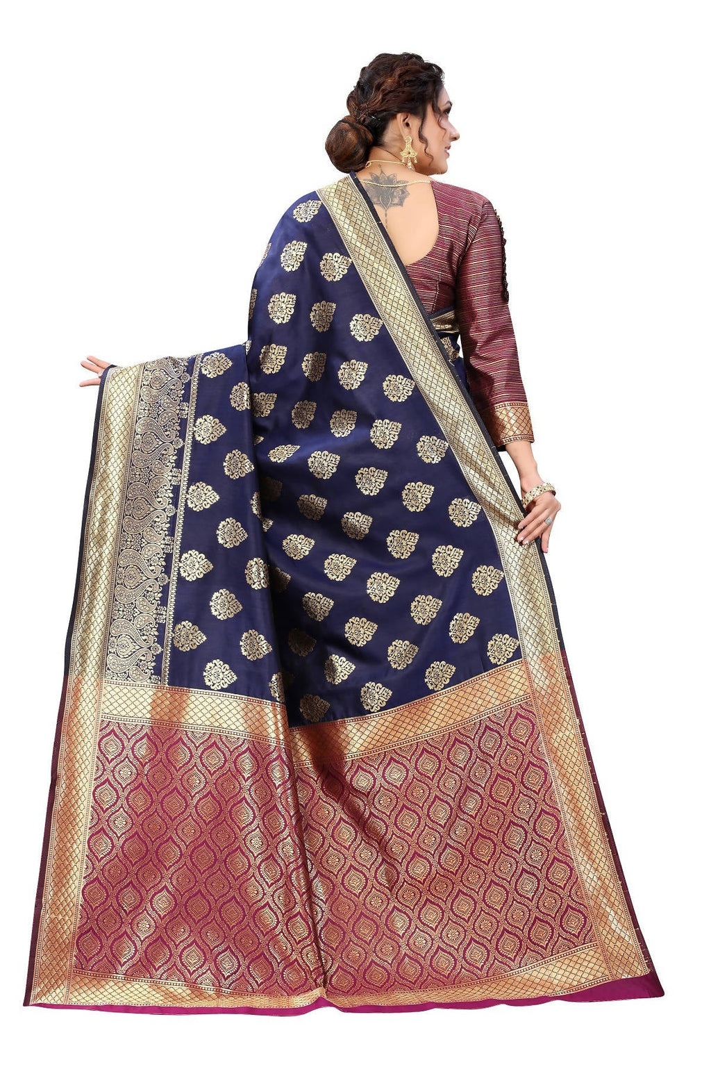 Vamika Ethnic Fire Navy Blue Weaving Banarasi Jacquard Saree | Grocsy