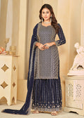 Mesmeric Blue Faux Georgette Palazzo Suit with Embroidery - Emponline | Grocsy