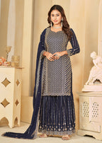 Mesmeric Blue Faux Georgette Palazzo Suit with Embroidery - Emponline | Grocsy